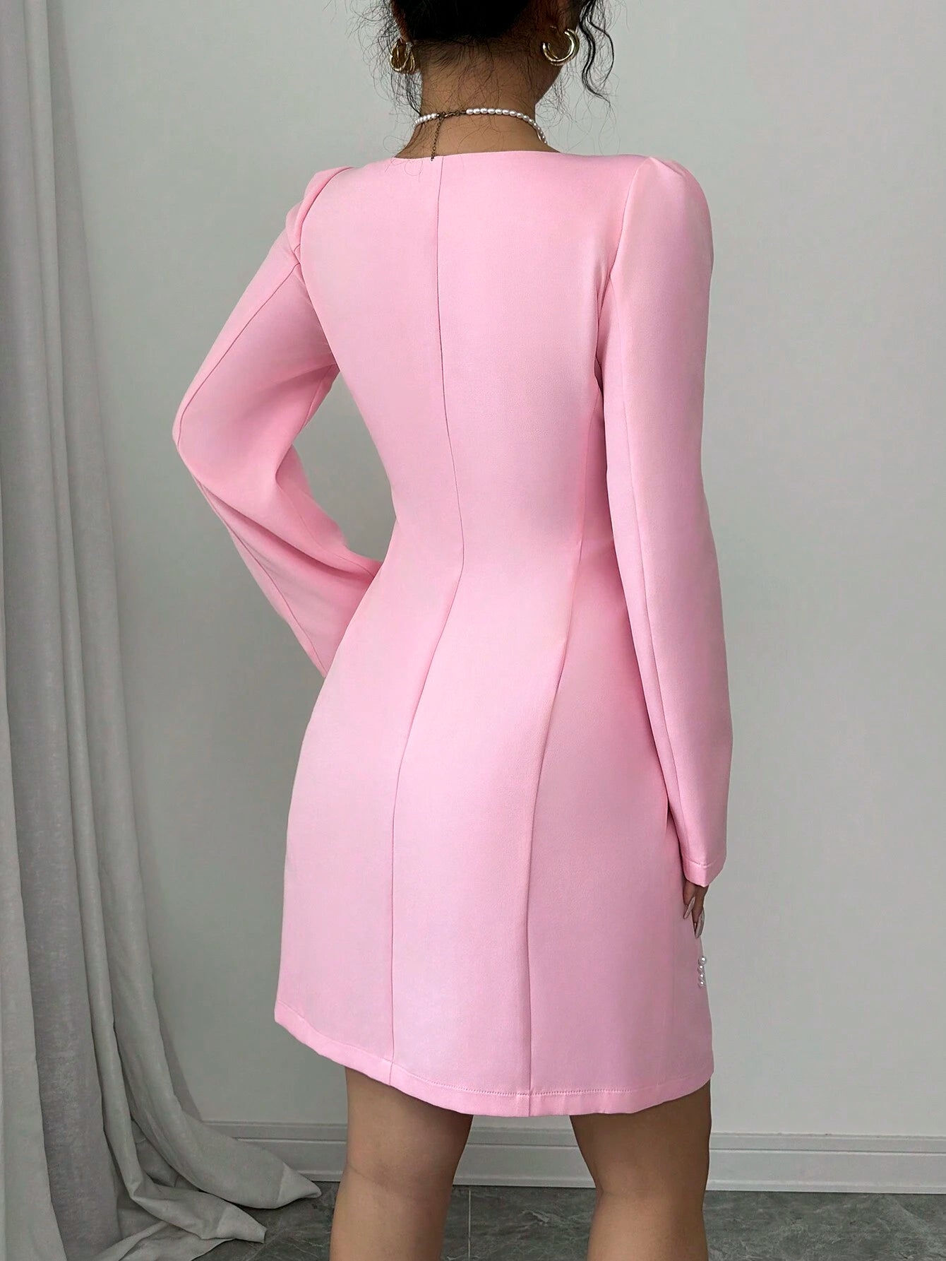 Elenzga Square Neck Puff Sleeve Pearl Embellished Pink Dress