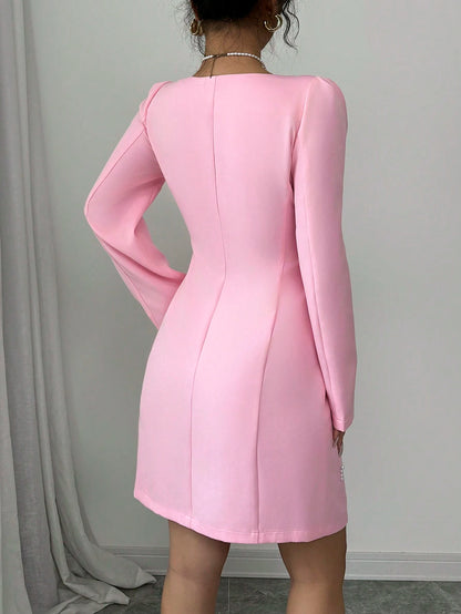 Elenzga Square Neck Puff Sleeve Pearl Embellished Pink Dress