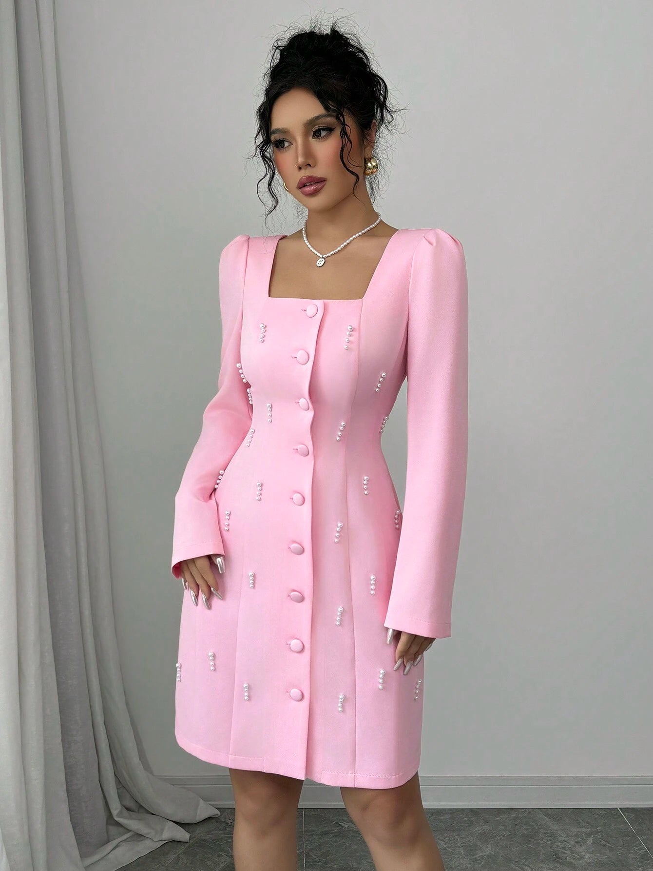 Elenzga Square Neck Puff Sleeve Pearl Embellished Pink Dress
