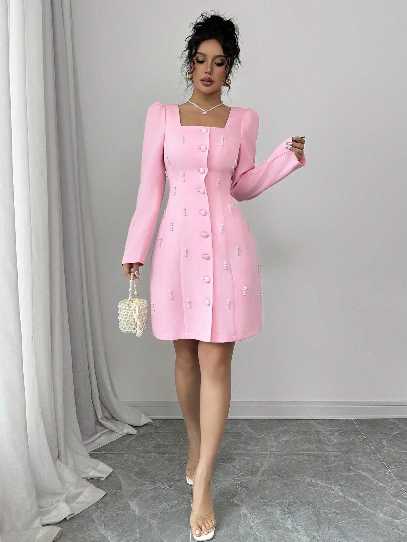 Elenzga Square Neck Puff Sleeve Pearl Embellished Pink Dress