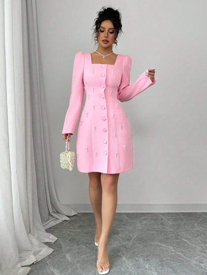 Elenzga Square Neck Puff Sleeve Pearl Embellished Pink Dress