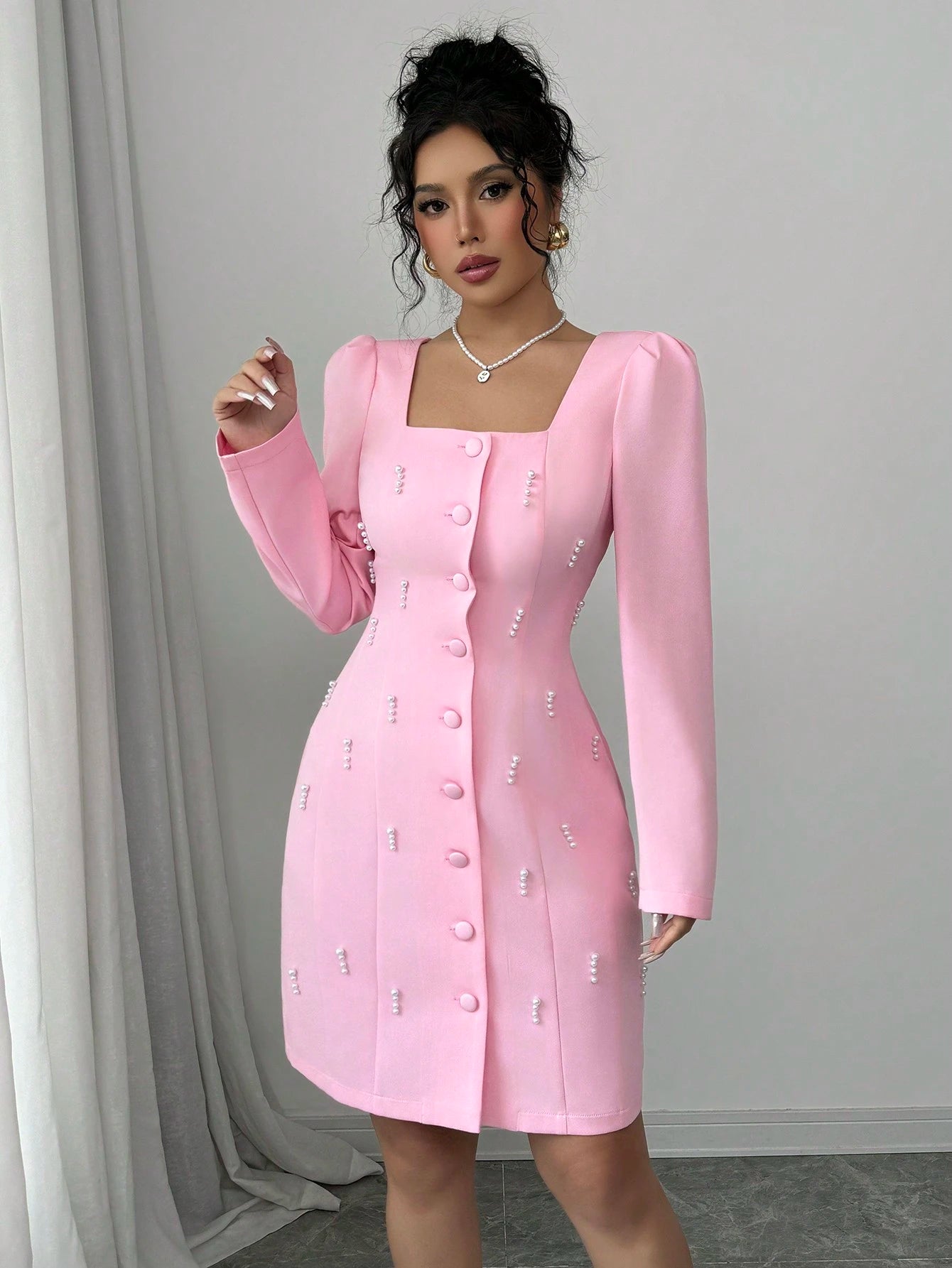 Elenzga Square Neck Puff Sleeve Pearl Embellished Pink Dress