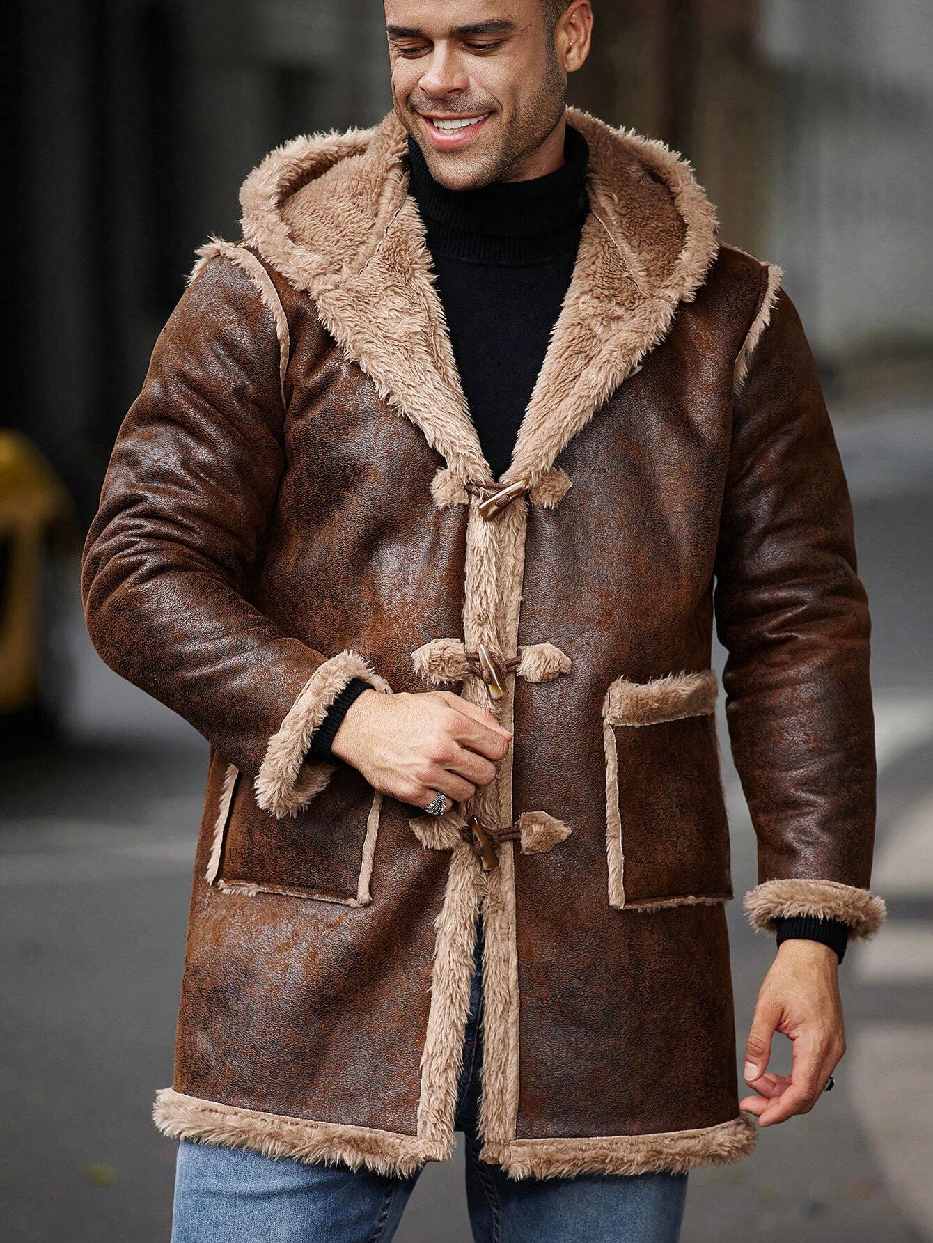 Manfinity Homme plus Size Men'S Fashion Hooded Fluffy Coat, Fall/Winter