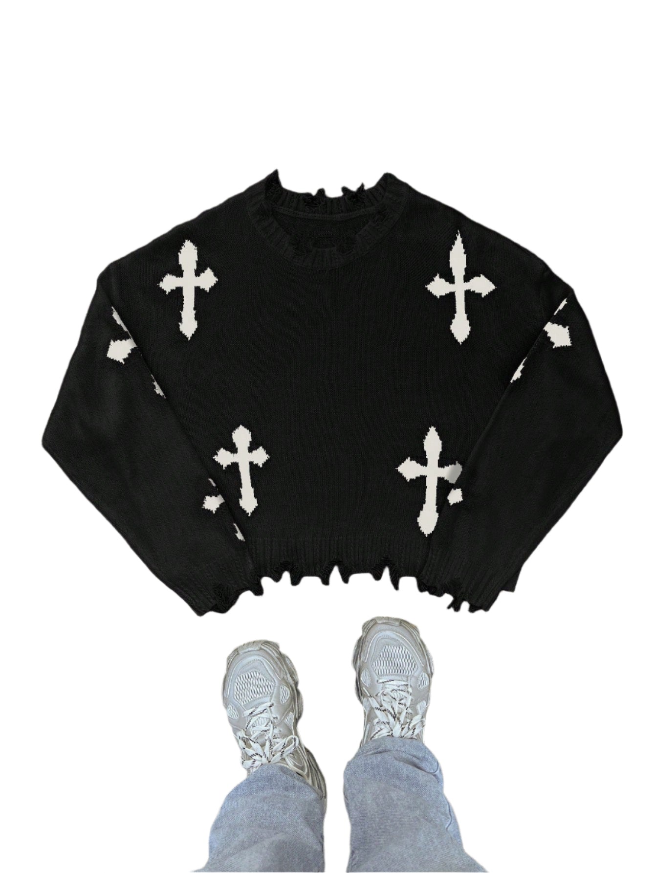 AXEPEAK Men'S Cross Graphic Casual Loose Drop Shoulder Short Knit Black Long Sleeve Sweater, Autumn/Winter