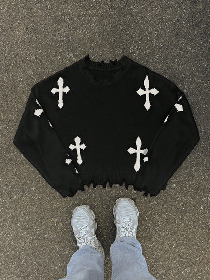 AXEPEAK Men'S Cross Graphic Casual Loose Drop Shoulder Short Knit Black Long Sleeve Sweater, Autumn/Winter