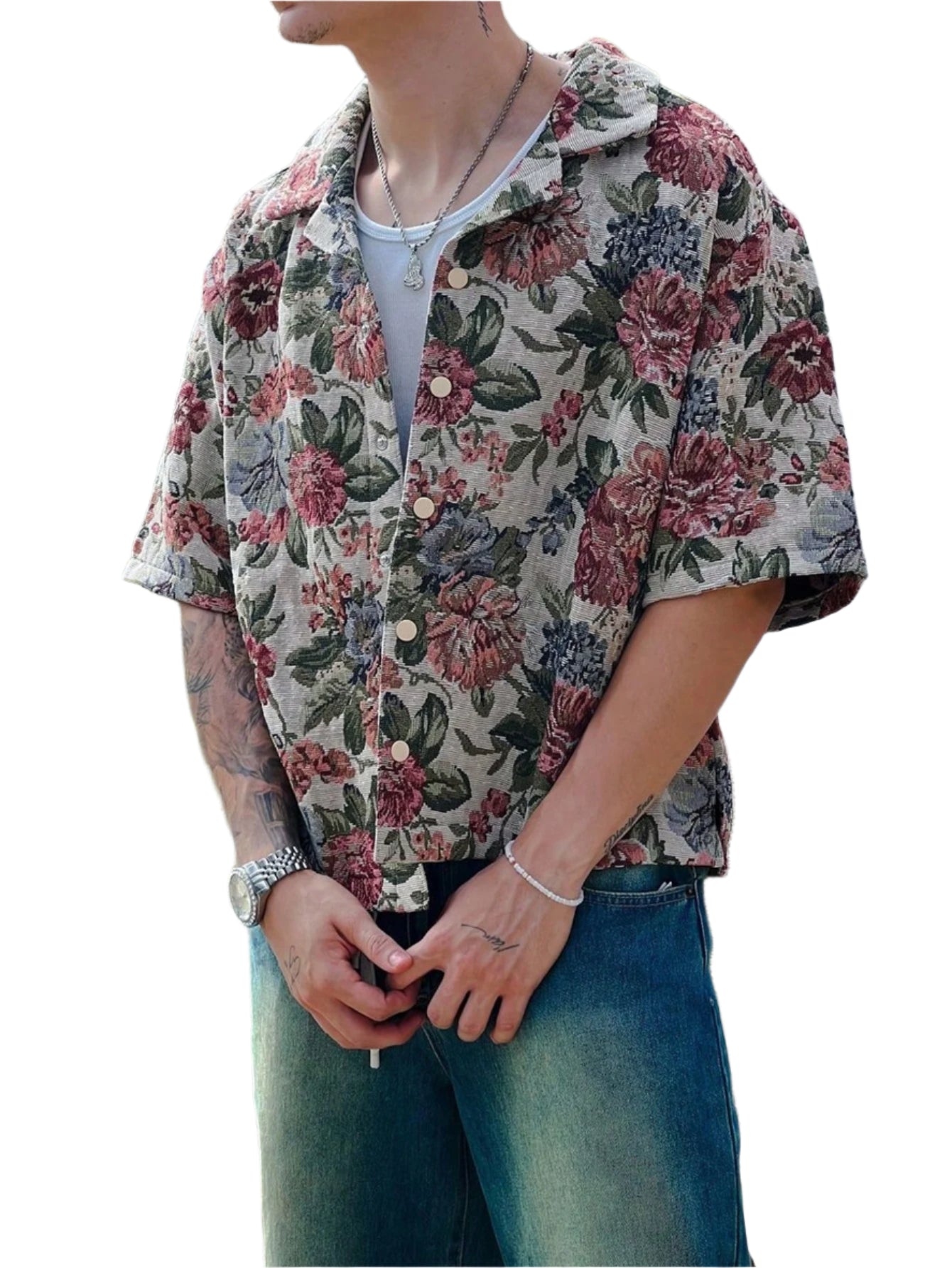 Men'S Floral Allover Print Polo Shirt, Fashion Casual Short Sleeve Top for Summer
