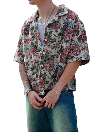 Men'S Floral Allover Print Polo Shirt, Fashion Casual Short Sleeve Top for Summer
