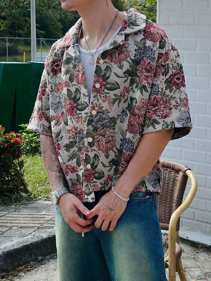 Men'S Floral Allover Print Polo Shirt, Fashion Casual Short Sleeve Top for Summer