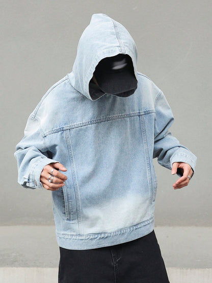 Manfinity Hypemode Men'S Light Blue Washed Denim Casual Loose Drop Shoulder Pullover Sweatshirt