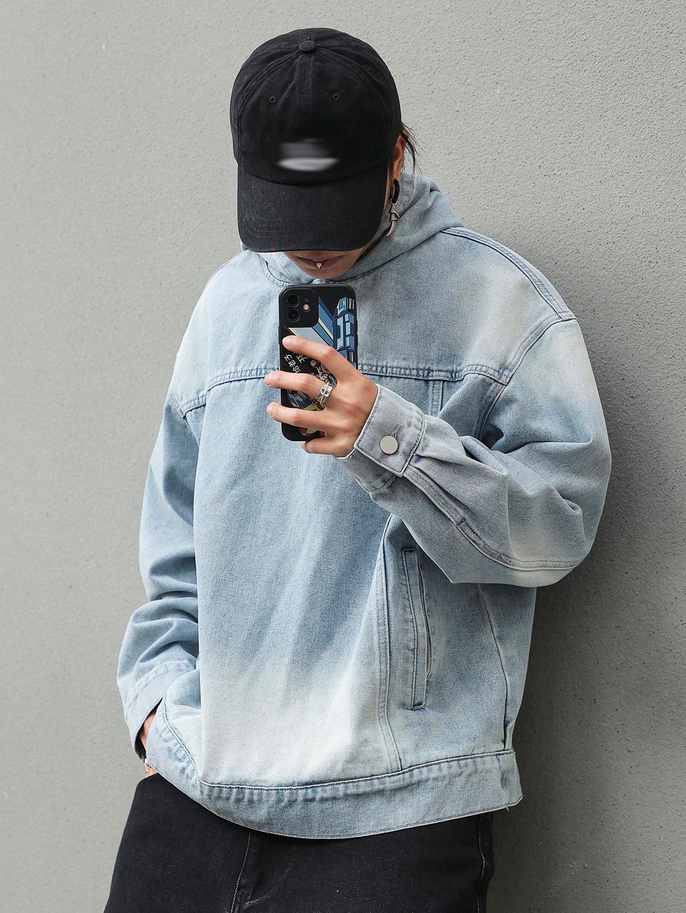 Manfinity Hypemode Men'S Light Blue Washed Denim Casual Loose Drop Shoulder Pullover Sweatshirt