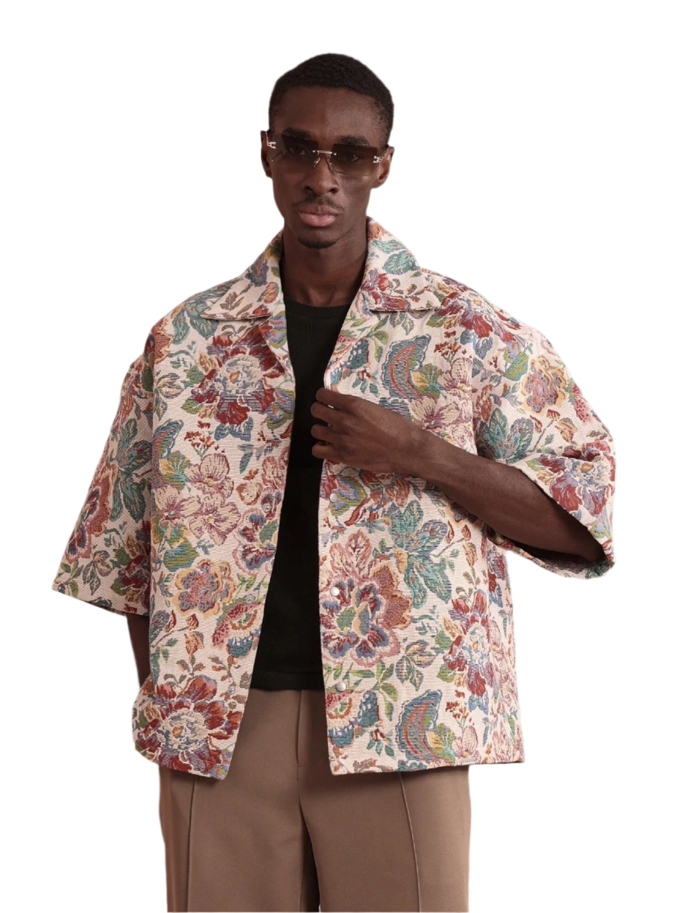 SUMWON Luxury Tapestry Print Button-Up Shirt Boxy Oversized Short Sleeve Summer Festival Casual Designer Relaxed Fit Floral Pattern Resort Wear