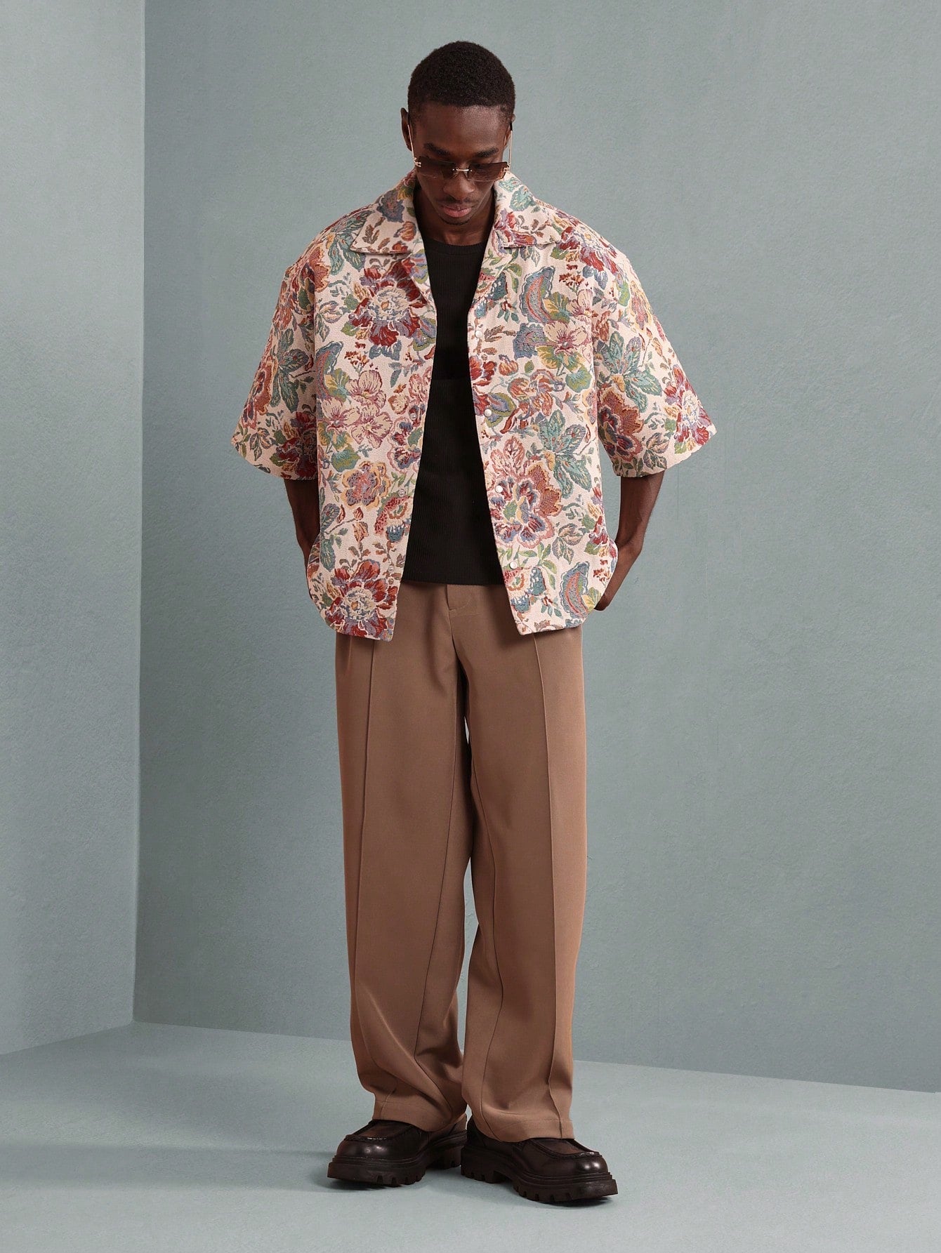 SUMWON Luxury Tapestry Print Button-Up Shirt Boxy Oversized Short Sleeve Summer Festival Casual Designer Relaxed Fit Floral Pattern Resort Wear