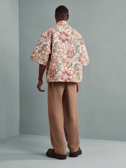 SUMWON Luxury Tapestry Print Button-Up Shirt Boxy Oversized Short Sleeve Summer Festival Casual Designer Relaxed Fit Floral Pattern Resort Wear