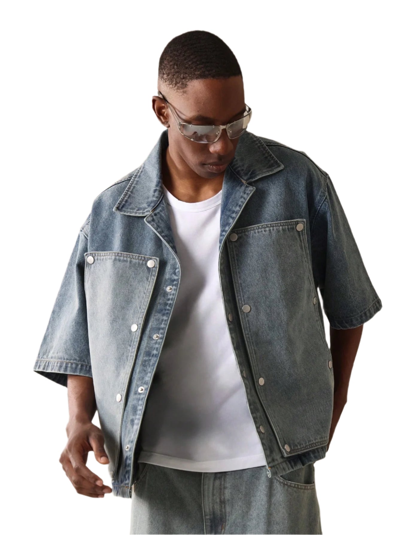 SUMWON Boxy Fit Revere Collar Elbow Sleeve Carpenter Denim Shirt with Metal Snap Detail