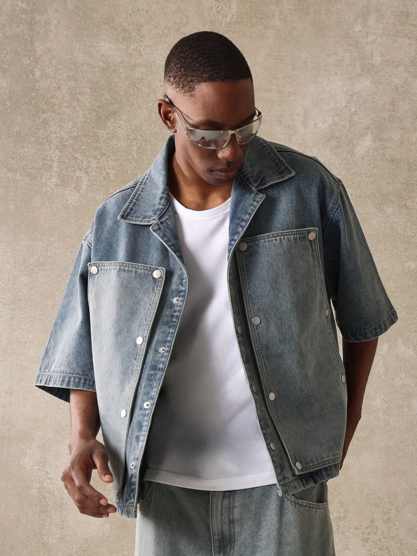 SUMWON Boxy Fit Revere Collar Elbow Sleeve Carpenter Denim Shirt with Metal Snap Detail