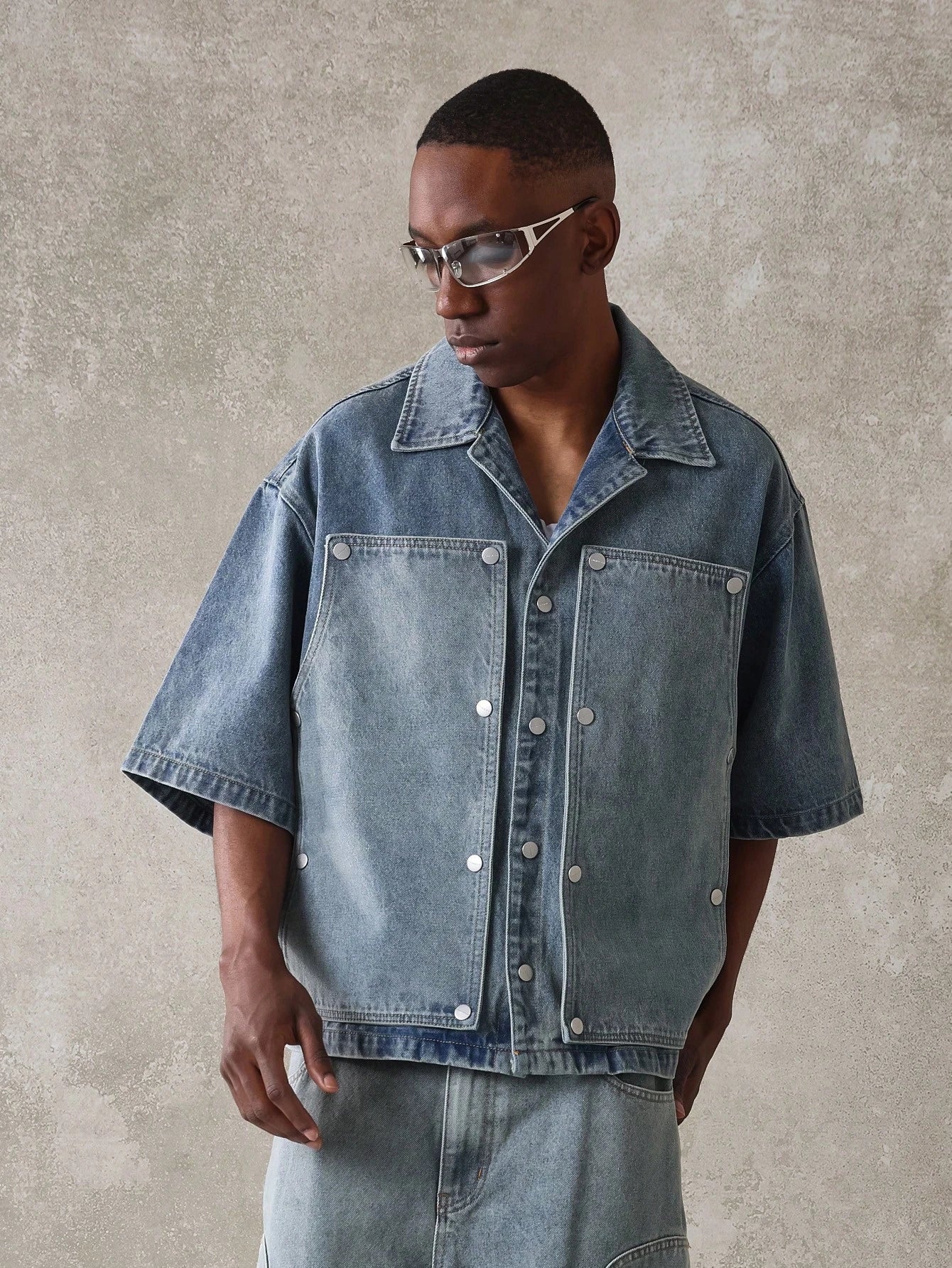 SUMWON Boxy Fit Revere Collar Elbow Sleeve Carpenter Denim Shirt with Metal Snap Detail