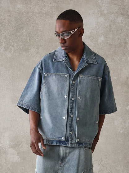 SUMWON Boxy Fit Revere Collar Elbow Sleeve Carpenter Denim Shirt with Metal Snap Detail