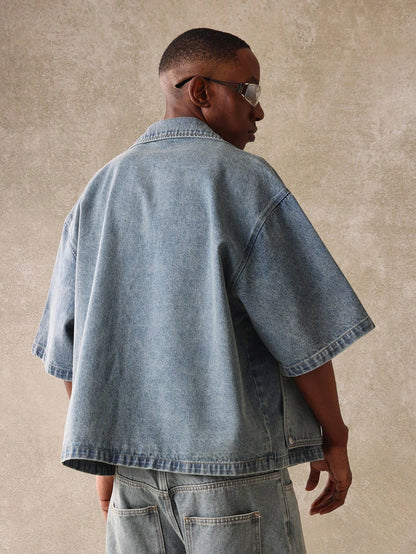 SUMWON Boxy Fit Revere Collar Elbow Sleeve Carpenter Denim Shirt with Metal Snap Detail