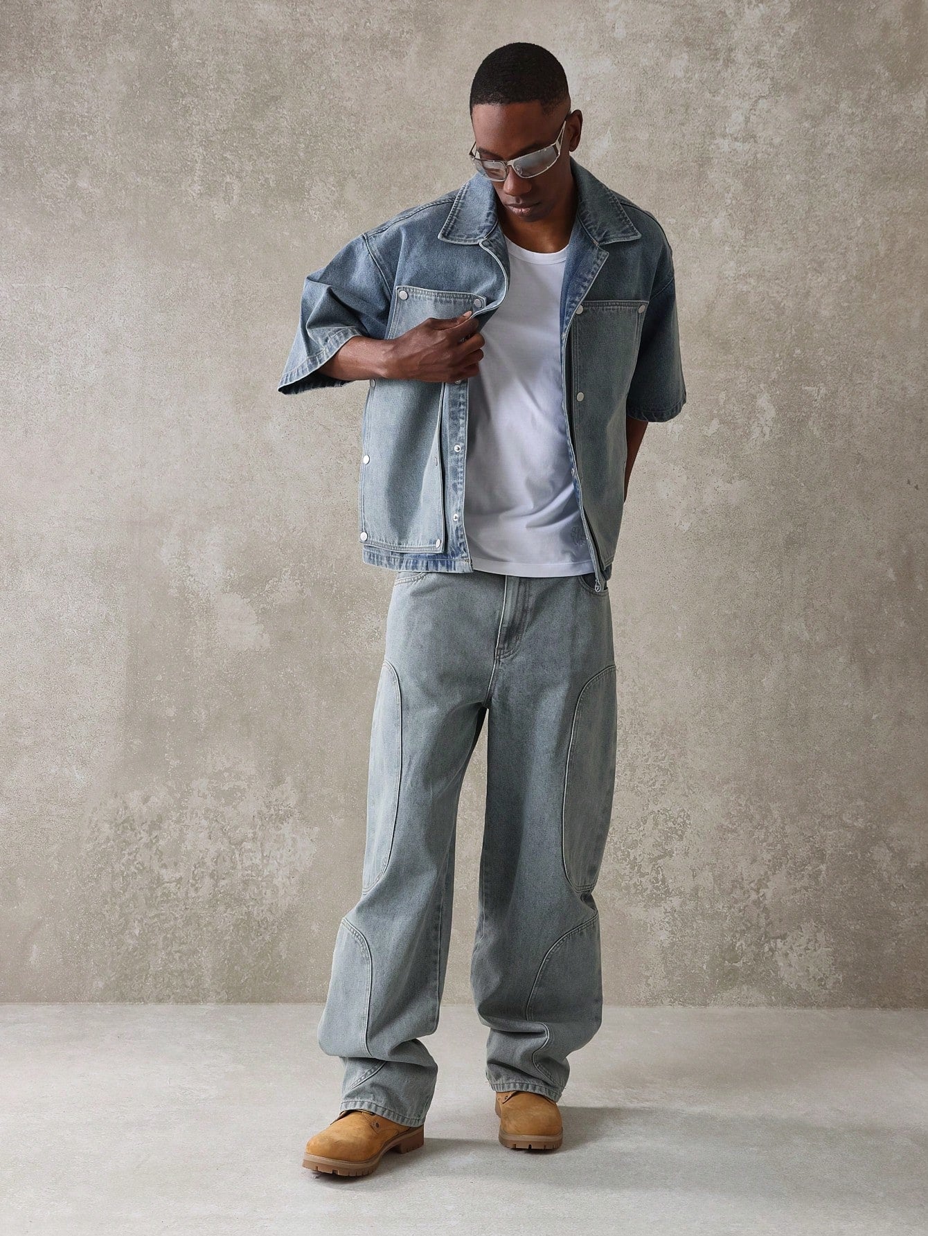 SUMWON Boxy Fit Revere Collar Elbow Sleeve Carpenter Denim Shirt with Metal Snap Detail