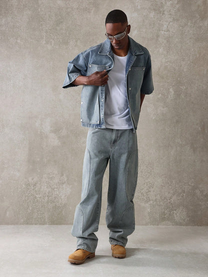 SUMWON Boxy Fit Revere Collar Elbow Sleeve Carpenter Denim Shirt with Metal Snap Detail