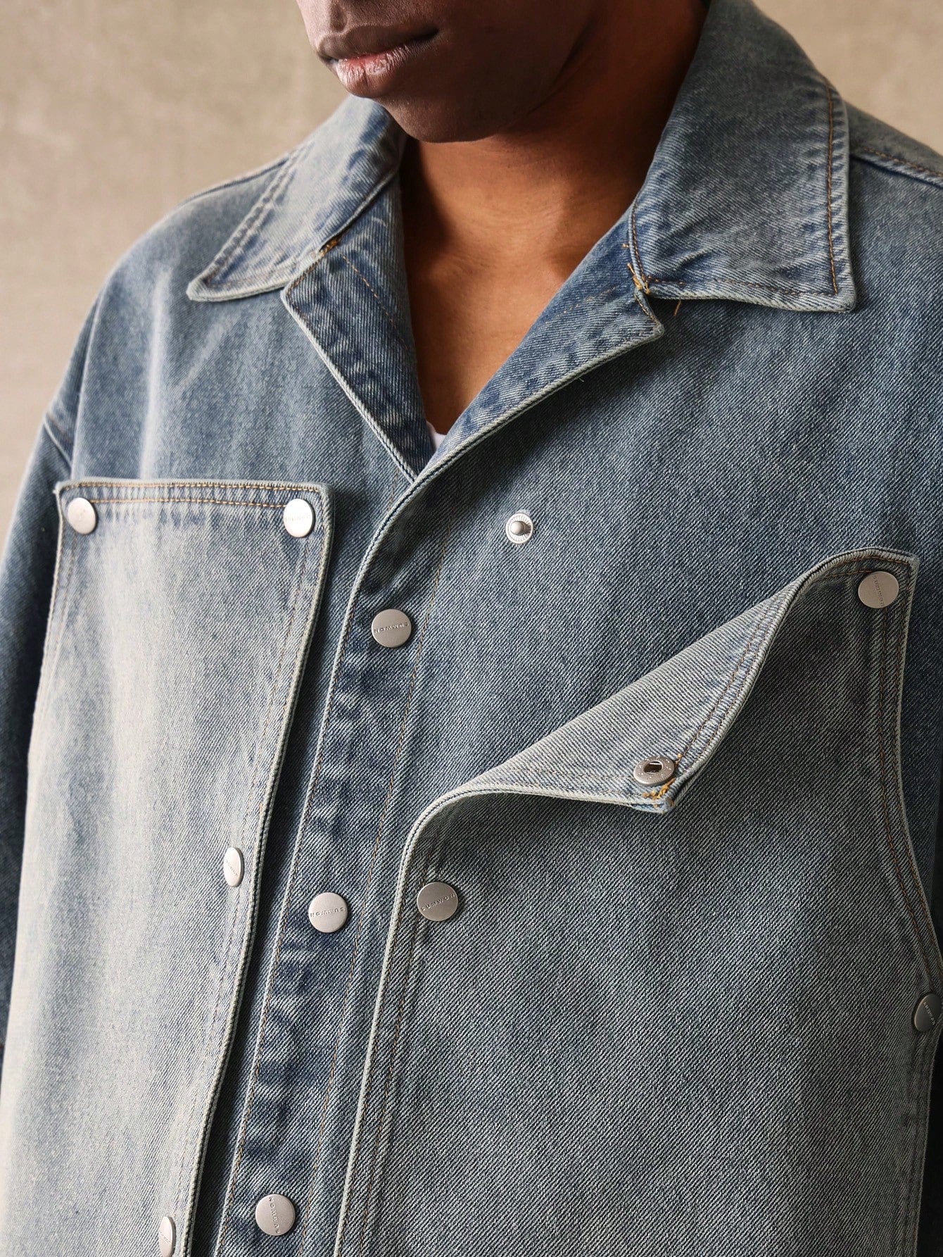 SUMWON Boxy Fit Revere Collar Elbow Sleeve Carpenter Denim Shirt with Metal Snap Detail