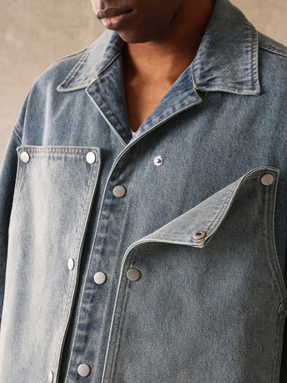 SUMWON Boxy Fit Revere Collar Elbow Sleeve Carpenter Denim Shirt with Metal Snap Detail