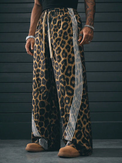 AXEPEAK Assorted Sizes Digital Printed Leopard Floral Pattern Loose Fit Straight Leg Men'S Pants, School, Streetwear