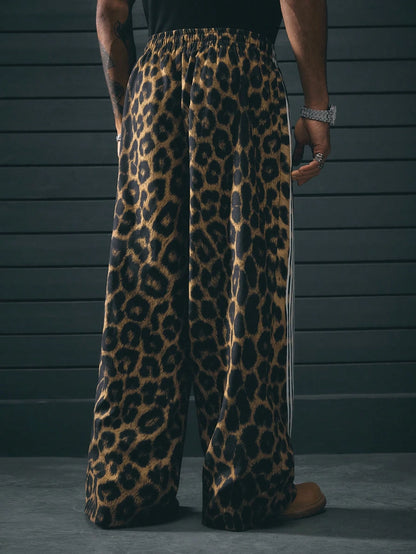 AXEPEAK Assorted Sizes Digital Printed Leopard Floral Pattern Loose Fit Straight Leg Men'S Pants, School, Streetwear