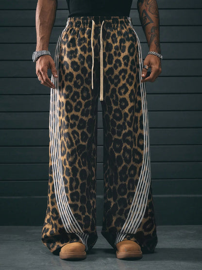 AXEPEAK Assorted Sizes Digital Printed Leopard Floral Pattern Loose Fit Straight Leg Men'S Pants, School, Streetwear