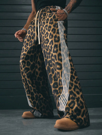 AXEPEAK Assorted Sizes Digital Printed Leopard Floral Pattern Loose Fit Straight Leg Men'S Pants, School, Streetwear
