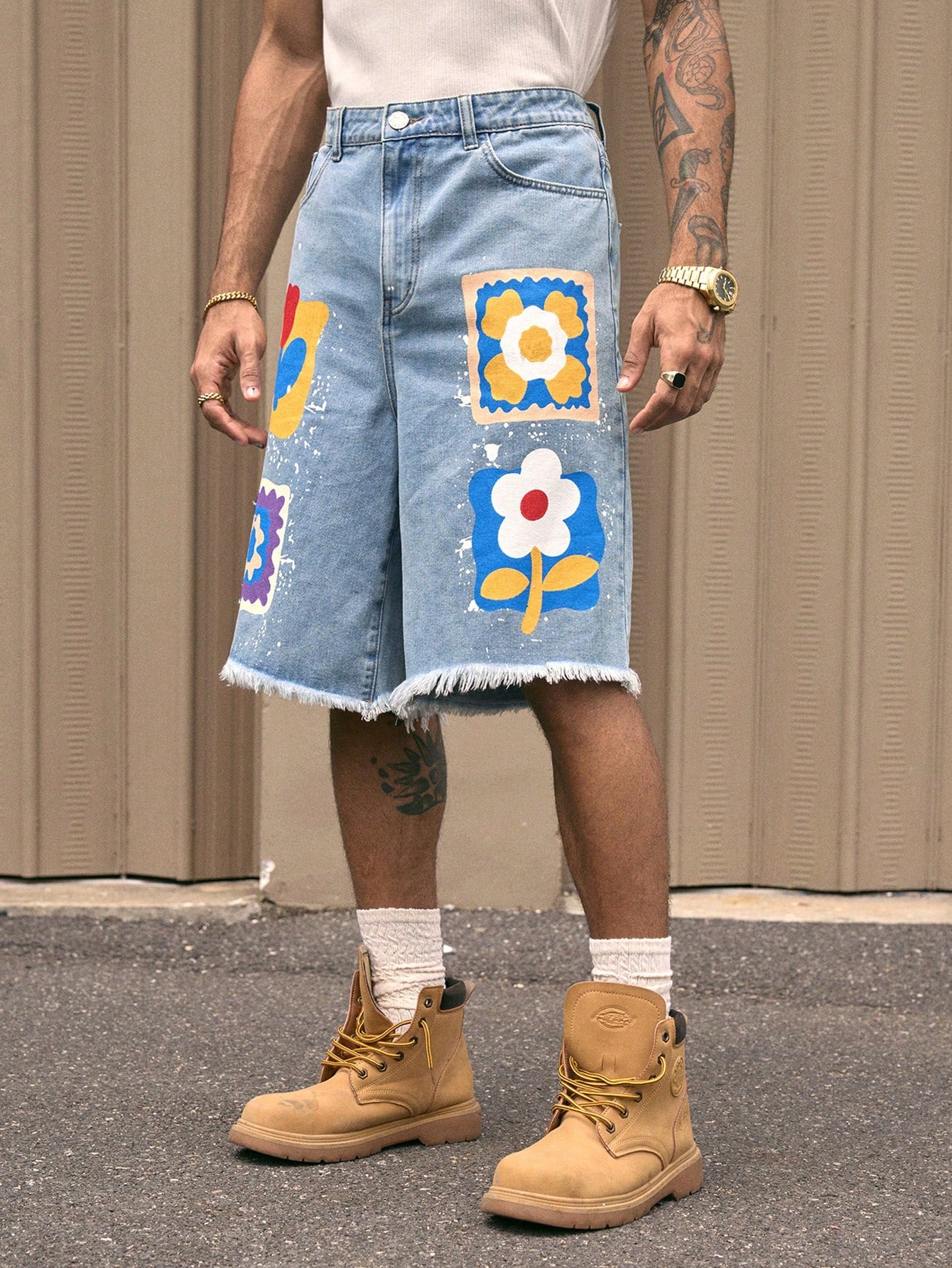 AXEPEAK Fashionable Streetwear Straight Loose Fit Knee Length Men'S Denim Shorts
