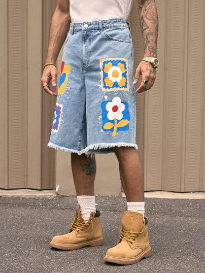 AXEPEAK Fashionable Streetwear Straight Loose Fit Knee Length Men'S Denim Shorts
