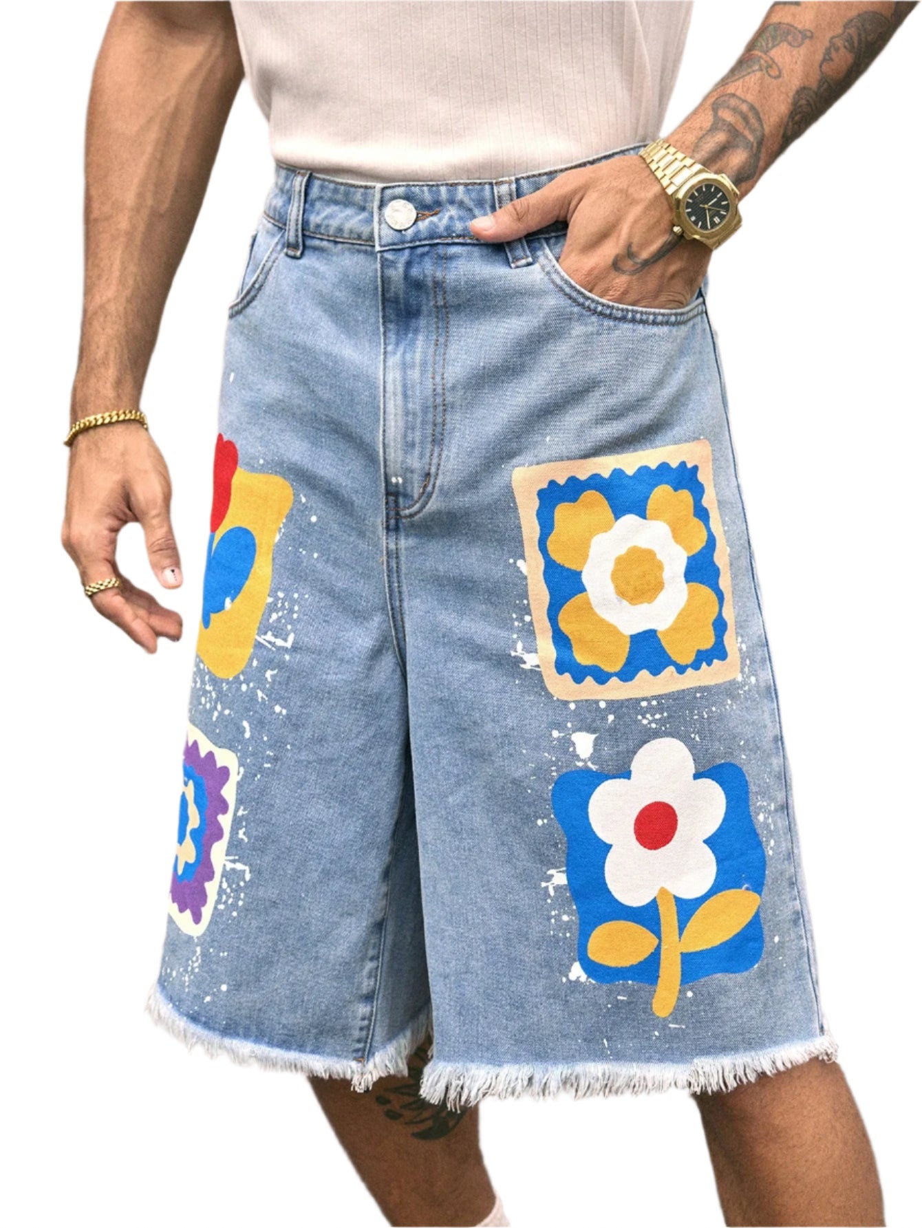 AXEPEAK Fashionable Streetwear Straight Loose Fit Knee Length Men'S Denim Shorts