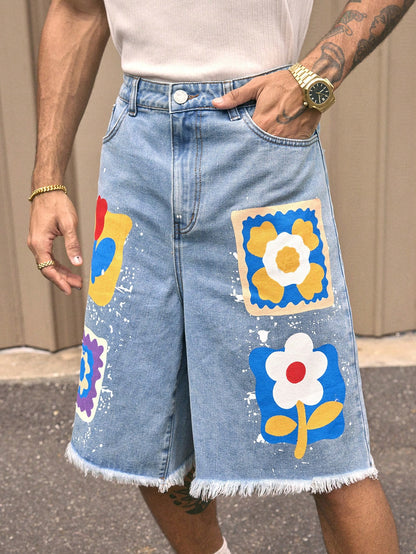 AXEPEAK Fashionable Streetwear Straight Loose Fit Knee Length Men'S Denim Shorts