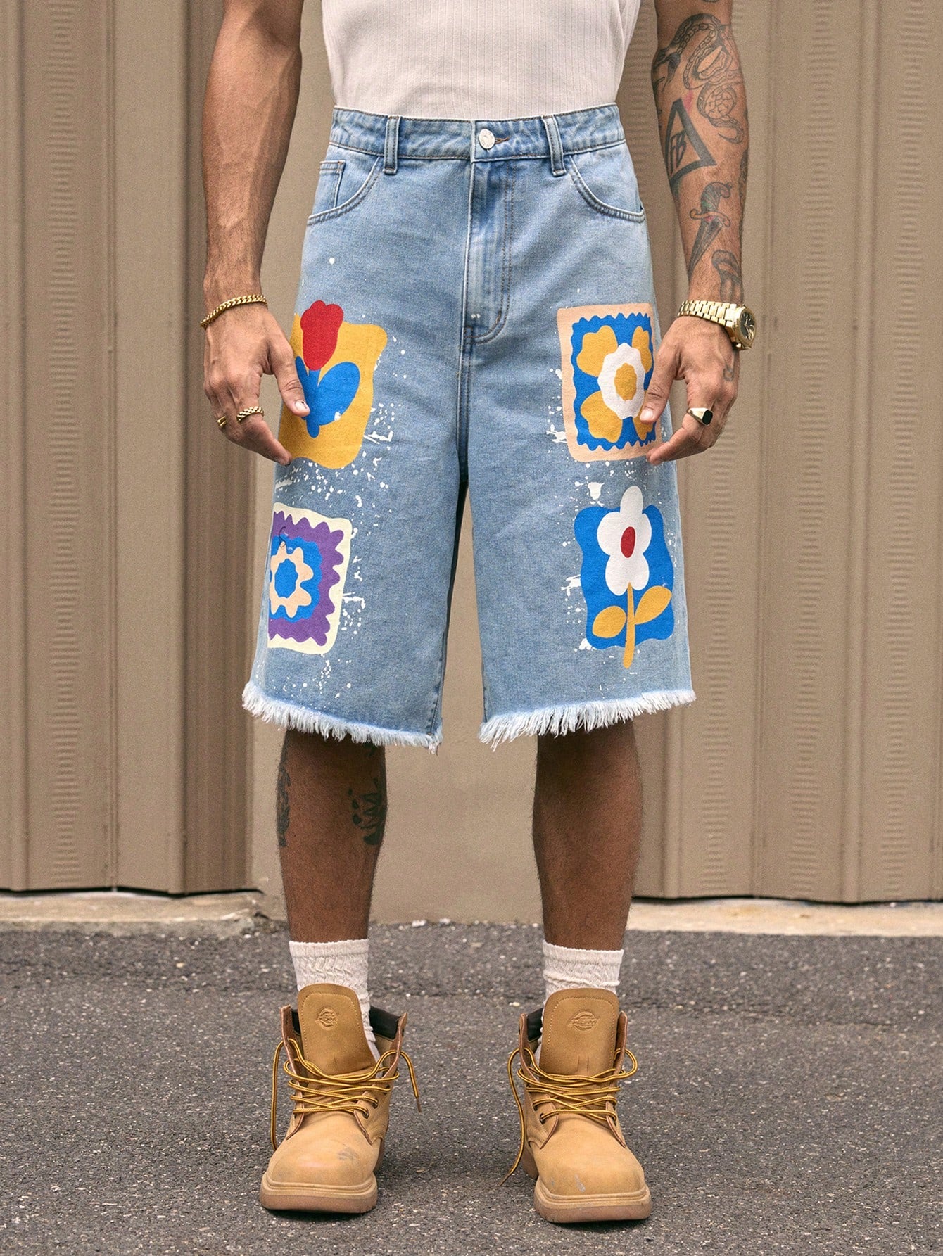 AXEPEAK Fashionable Streetwear Straight Loose Fit Knee Length Men'S Denim Shorts
