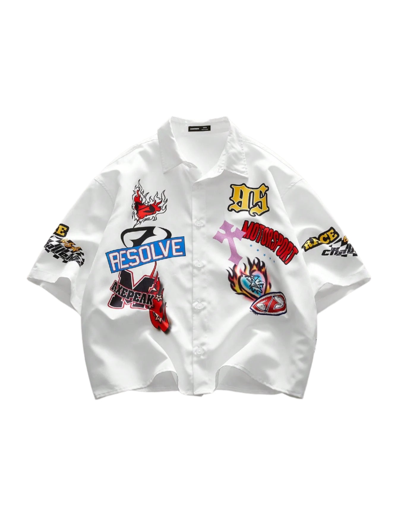 AXEPEAK Assorted Sizes Men Casual Street Style Lapel Short Sleeve Loose Fit Digital Print White Shirt, Streetwear Style