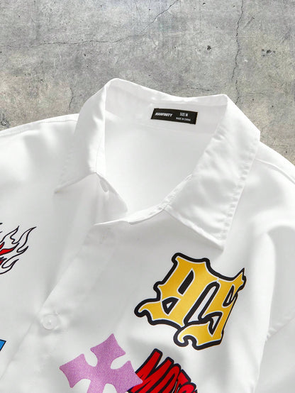 AXEPEAK Assorted Sizes Men Casual Street Style Lapel Short Sleeve Loose Fit Digital Print White Shirt, Streetwear Style