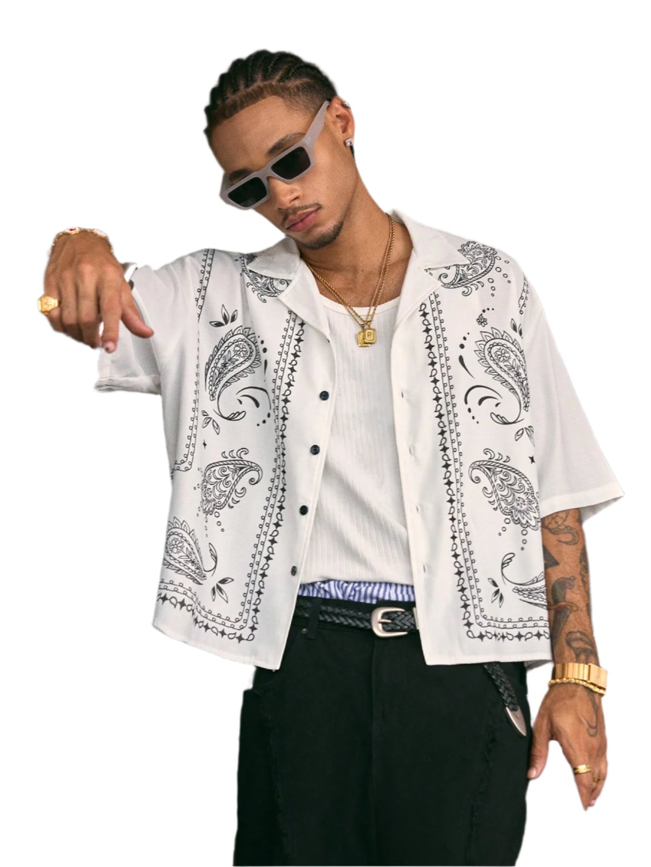 AXEPEAK Short Sleeve Oversized Cropped Digital Print Men'S Summer Holiday White Shirt, Streetwear Style