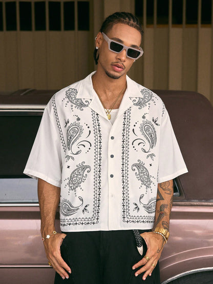 AXEPEAK Short Sleeve Oversized Cropped Digital Print Men'S Summer Holiday White Shirt, Streetwear Style
