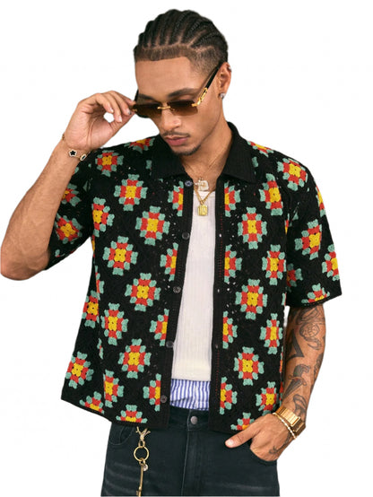AXEPEAK Men'S Floral Print Front Button Casual Short Sleeve Knit Shirt
