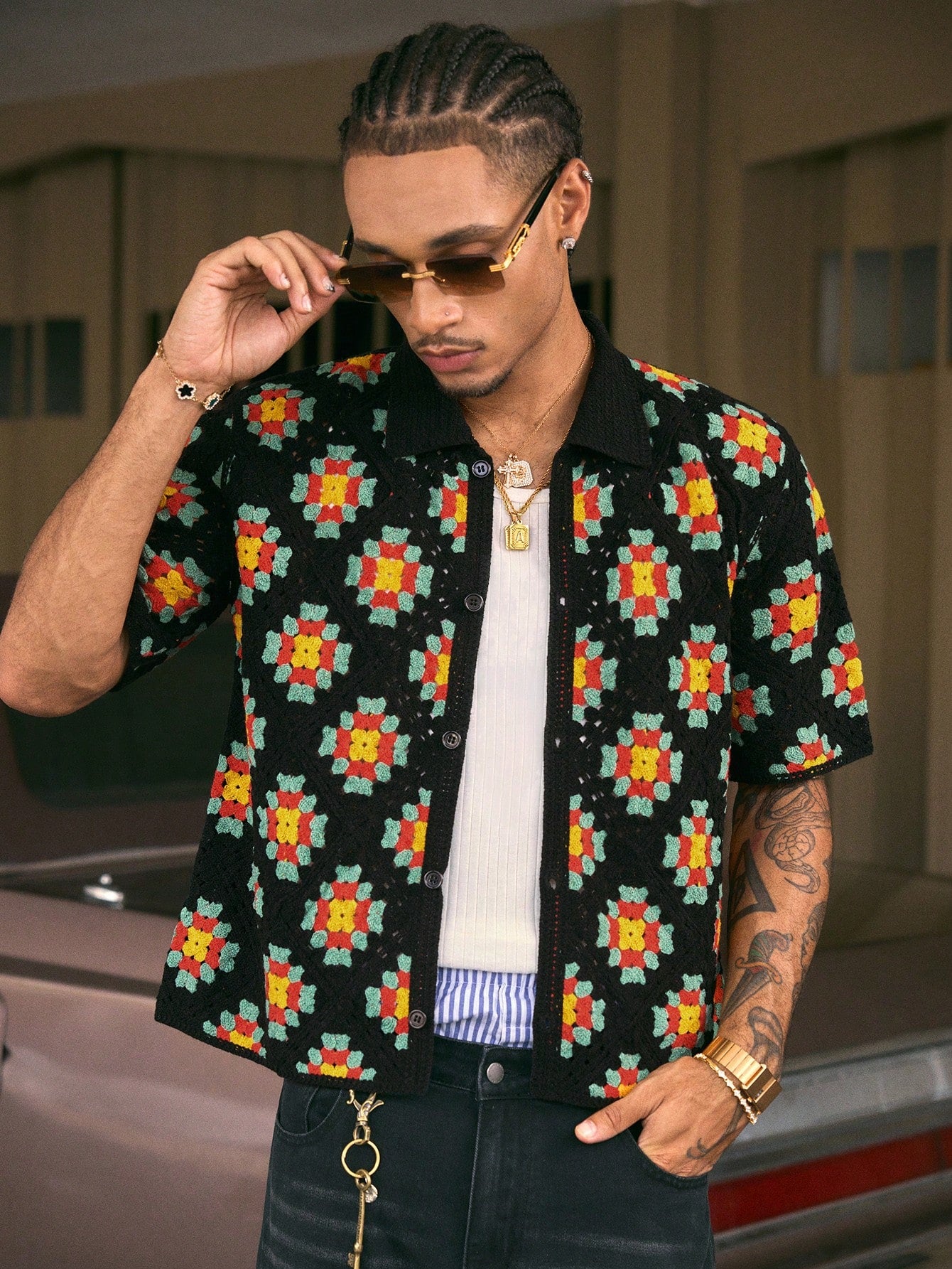 AXEPEAK Men'S Floral Print Front Button Casual Short Sleeve Knit Shirt