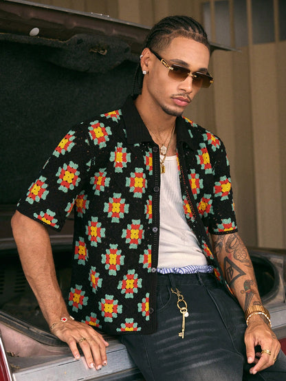 AXEPEAK Men'S Floral Print Front Button Casual Short Sleeve Knit Shirt