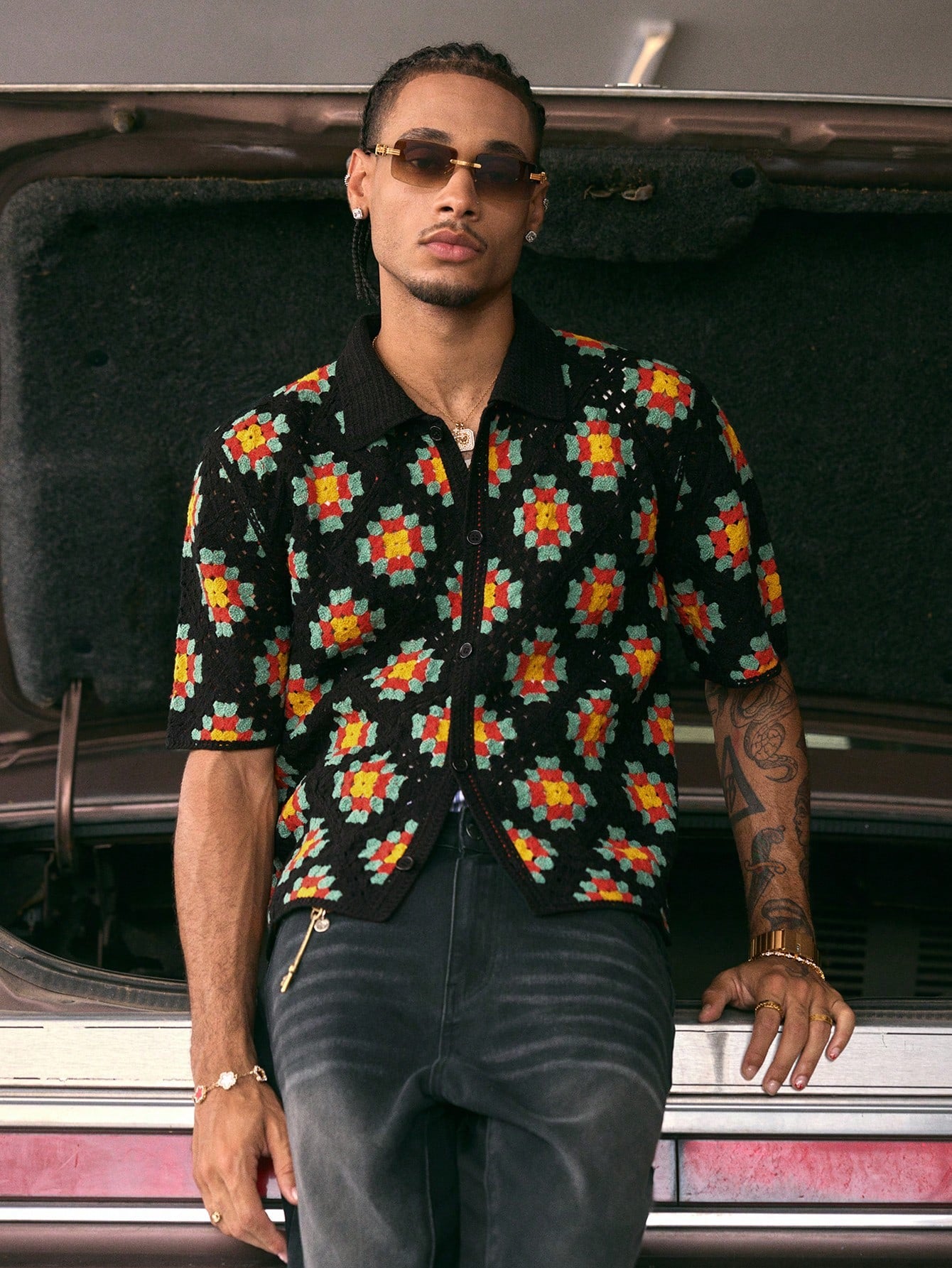 AXEPEAK Men'S Floral Print Front Button Casual Short Sleeve Knit Shirt