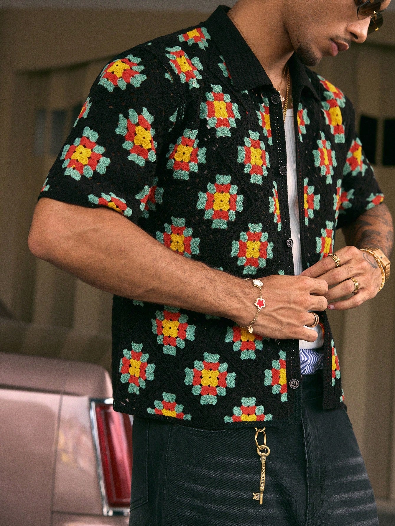 AXEPEAK Men'S Floral Print Front Button Casual Short Sleeve Knit Shirt