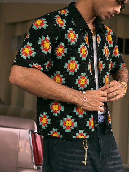 AXEPEAK Men'S Floral Print Front Button Casual Short Sleeve Knit Shirt