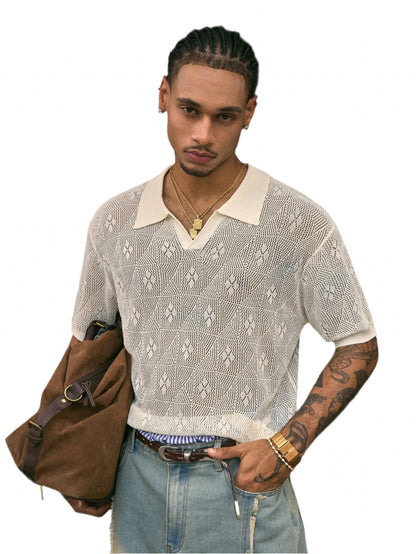 AXEPEAK Polo Collar Short Sleeve Fall Sweater, Men Knitwear Top OJ001, Streetwear Essential