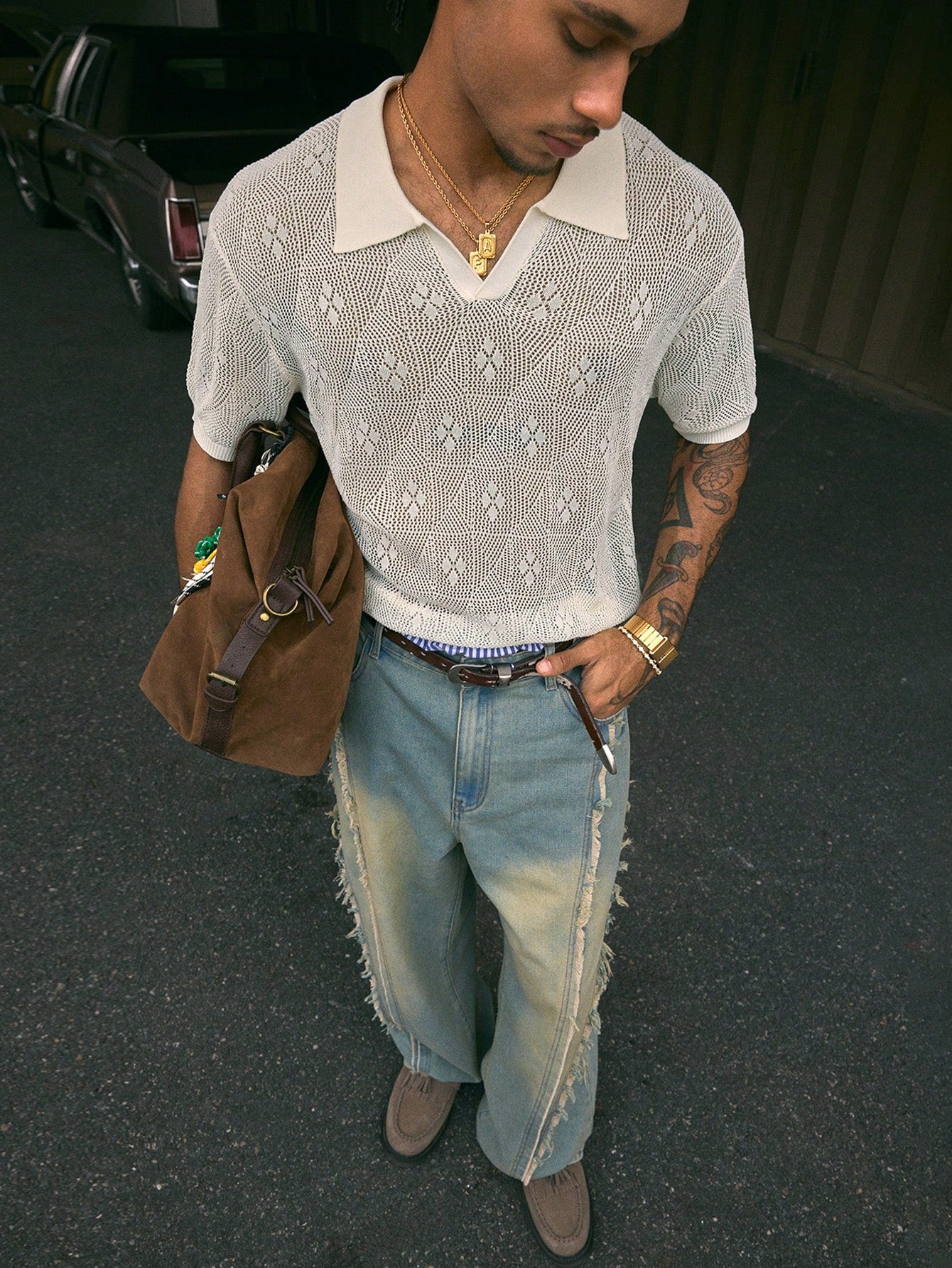 AXEPEAK Polo Collar Short Sleeve Fall Sweater, Men Knitwear Top OJ001, Streetwear Essential