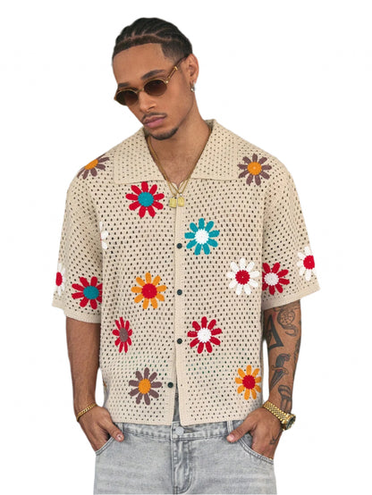 AXEPEAK Colorful Floral Collar Open Cardigan for Men, Streetwear Style
