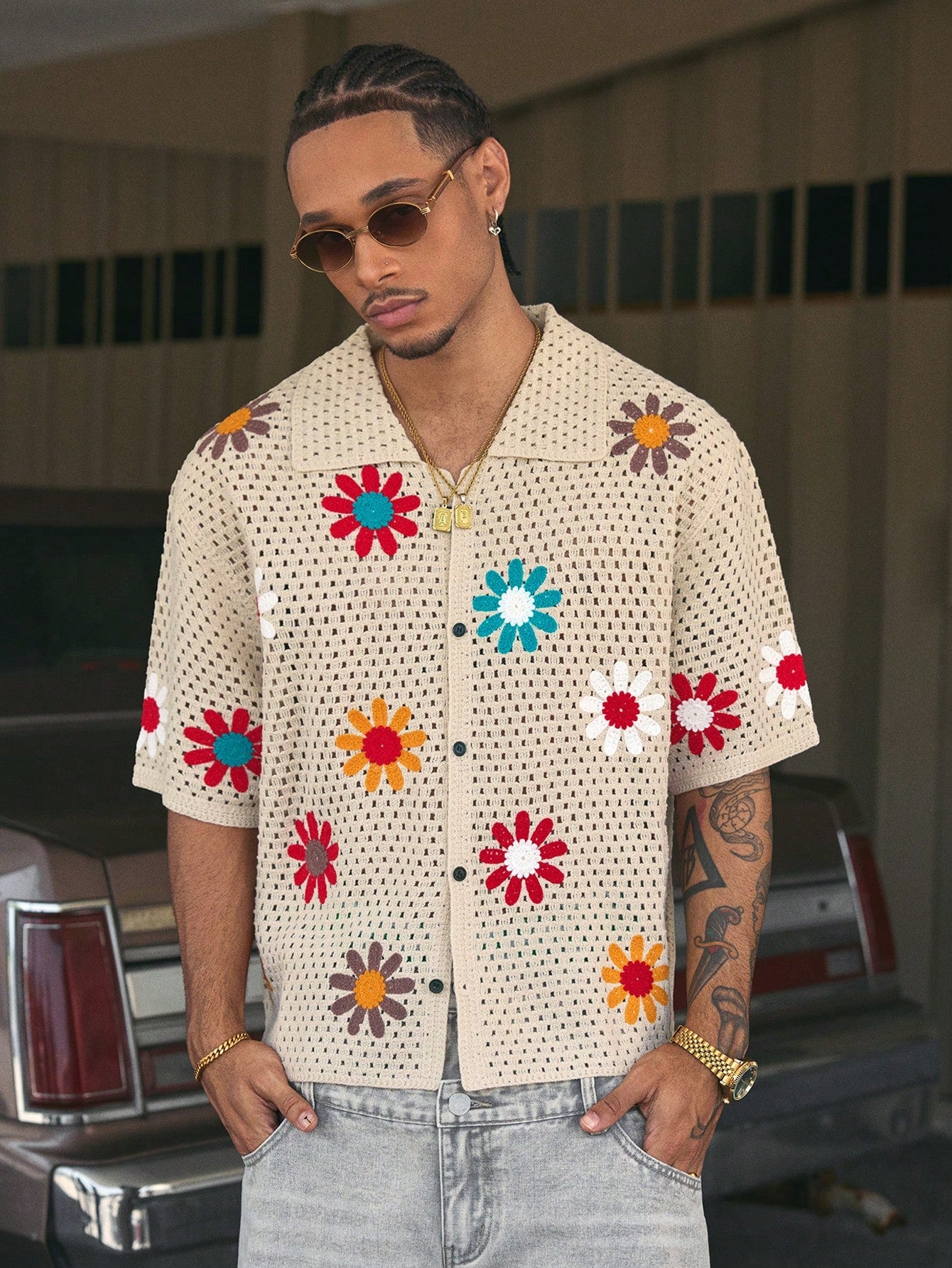 AXEPEAK Colorful Floral Collar Open Cardigan for Men, Streetwear Style