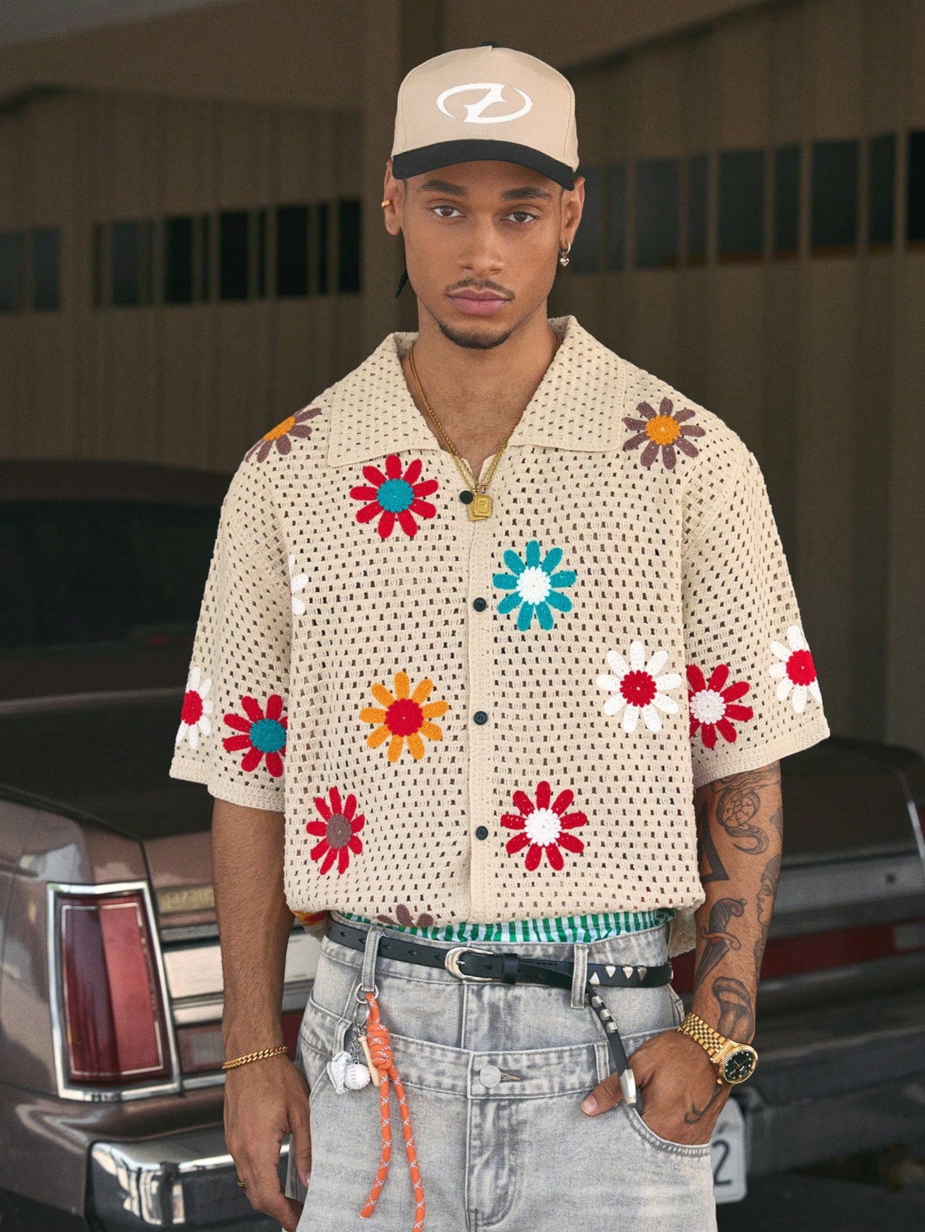 AXEPEAK Colorful Floral Collar Open Cardigan for Men, Streetwear Style